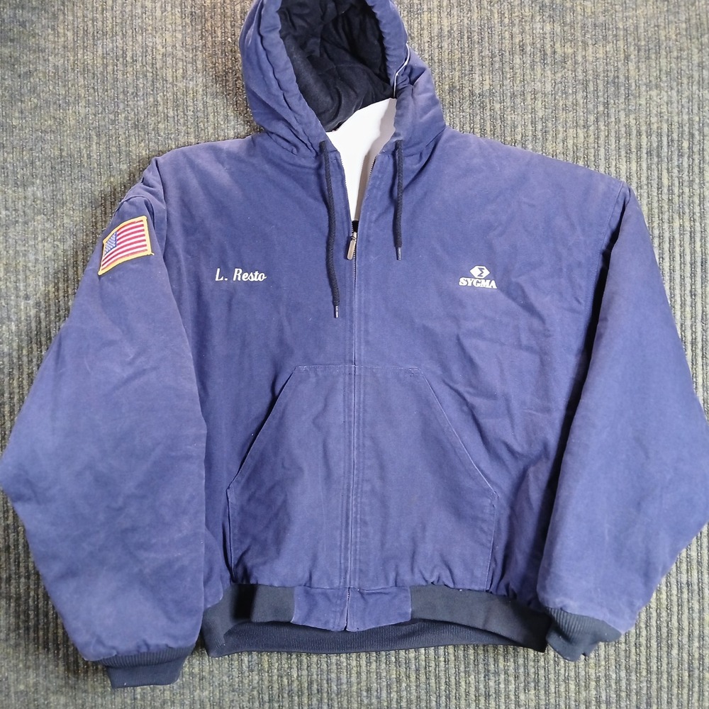SIGMA Workwear Jacket Mens Blue Full Zip‎ Hooded XL Resto American Flag Patch